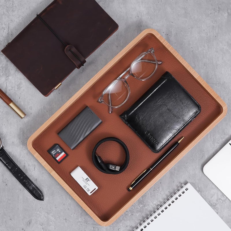 Procase Wooden Valet Tray for Men, Wood Catch-All EDC Organizer, Nightstand, Entryway Bedside Dump Holder, for Wallets, Keys, Watches, Phones, Loose Change, Trinkets -LightBrown - Image 4